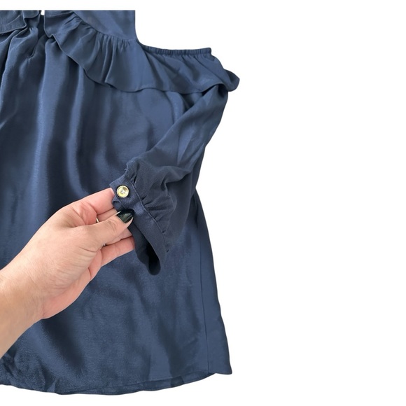 Anthropologie Maeve Navy Blue Cold Shoulder Ruffle Top - Picture 3 of 5